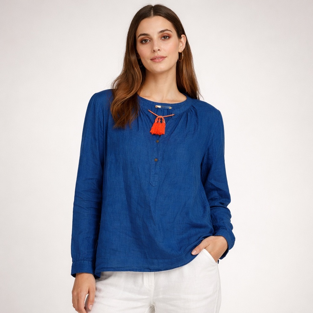 0039 Italy Blue Linen Poet Popover Blouse Size Medium